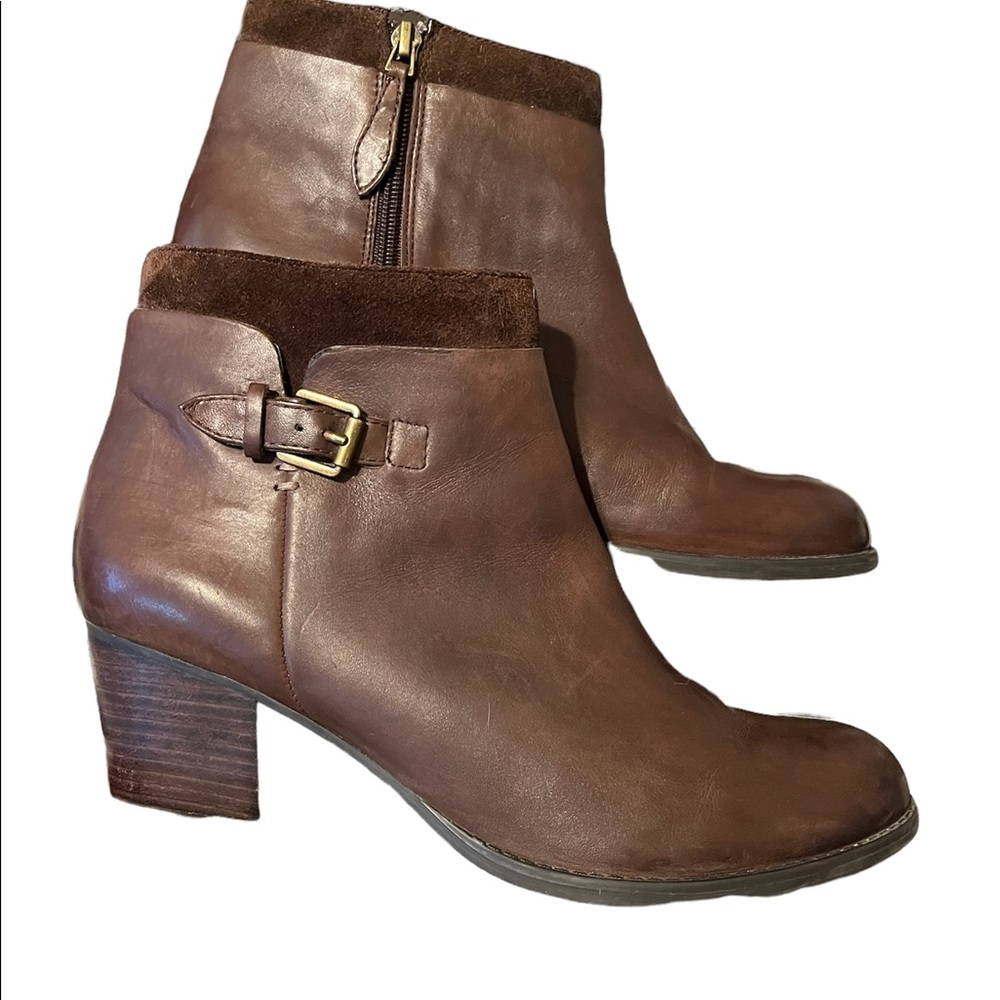Franco Sarto huntress booties, brown leather, wood heel. EUC size 9.5